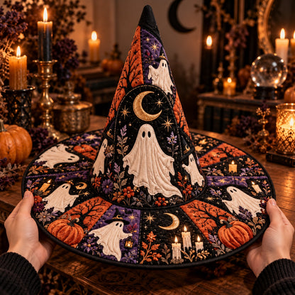 Lantern Ghost Quilted Witch Hat – Halloween Pumpkin Coven Brim Hat – held in both hands