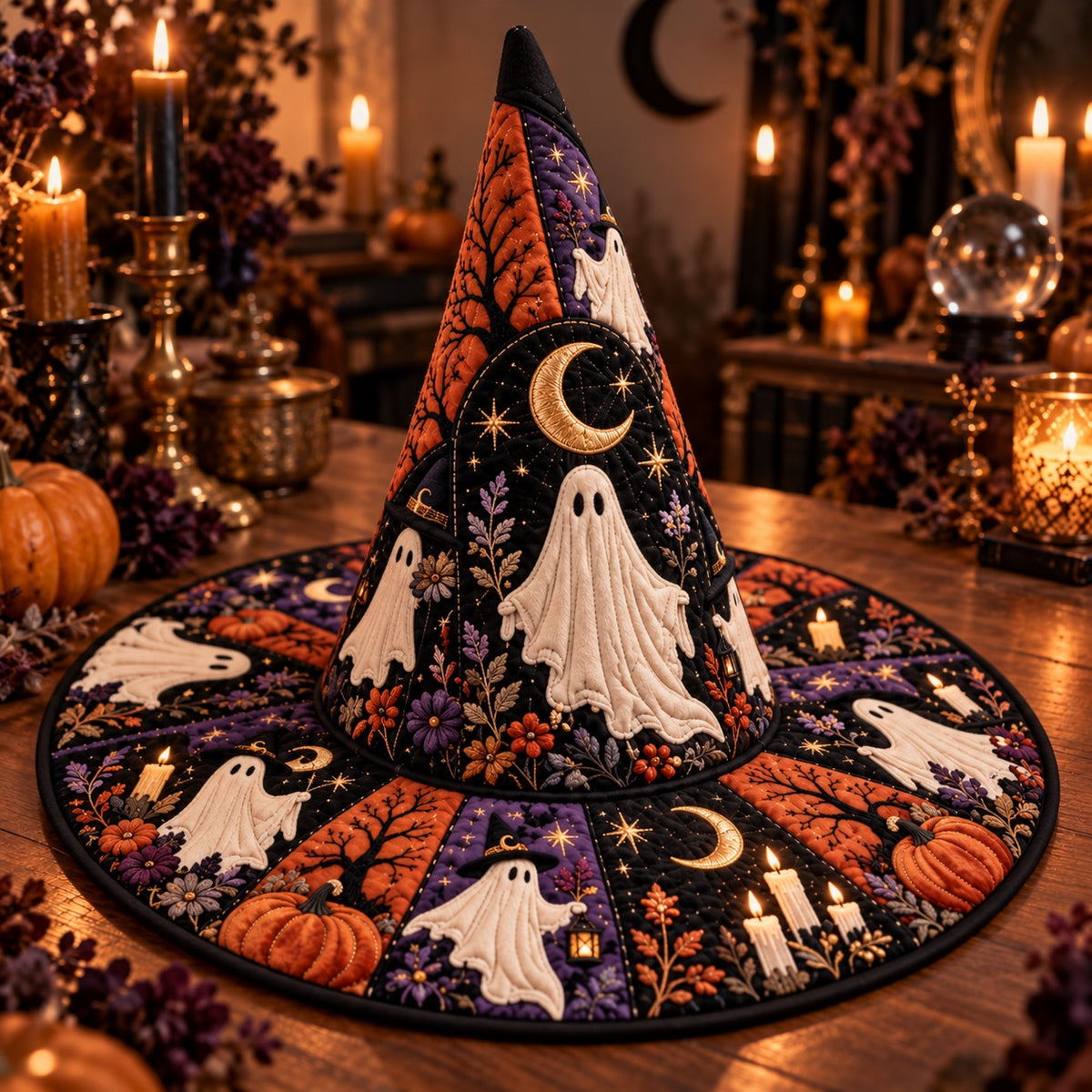 Lantern Ghost Quilted Witch Hat – Halloween Pumpkin Coven Brim Hat – on an altar table