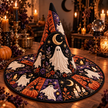 Lantern Ghost Quilted Witch Hat – Halloween Pumpkin Coven Brim Hat – on an altar table