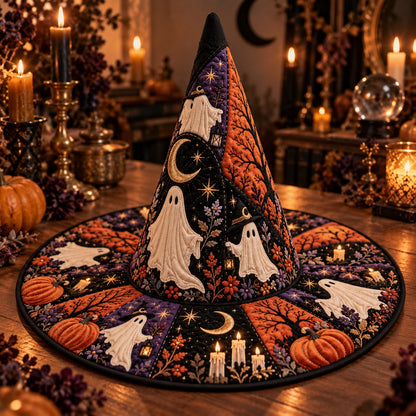 Lantern Ghost Quilted Witch Hat – Halloween Pumpkin Coven Brim Hat – on an altar table