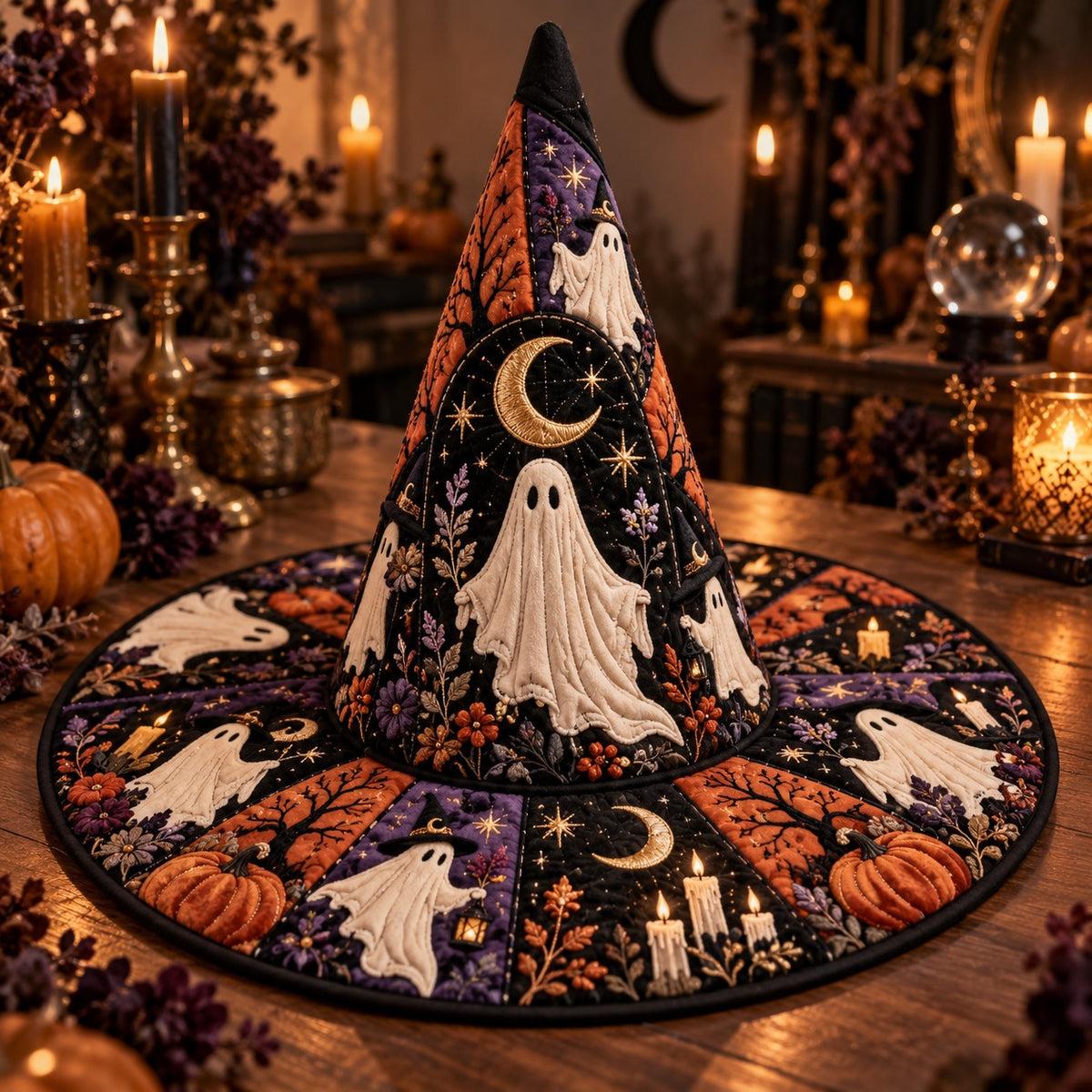 Lantern Ghost Quilted Witch Hat – Halloween Pumpkin Coven Brim Hat – styled with candles and crystals
