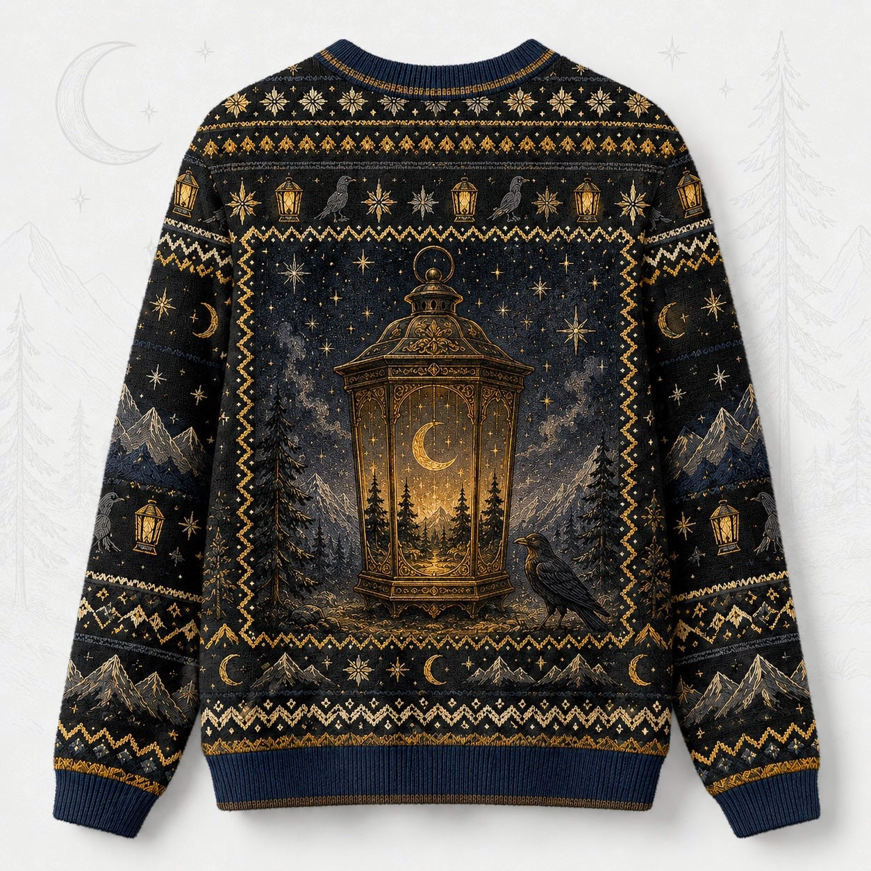 Lantern Witch Sweater Snowy Forest Crescent Navy Winter Knit back view