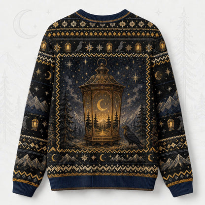Lantern Witch Sweater Snowy Forest Crescent Navy Winter Knit back view
