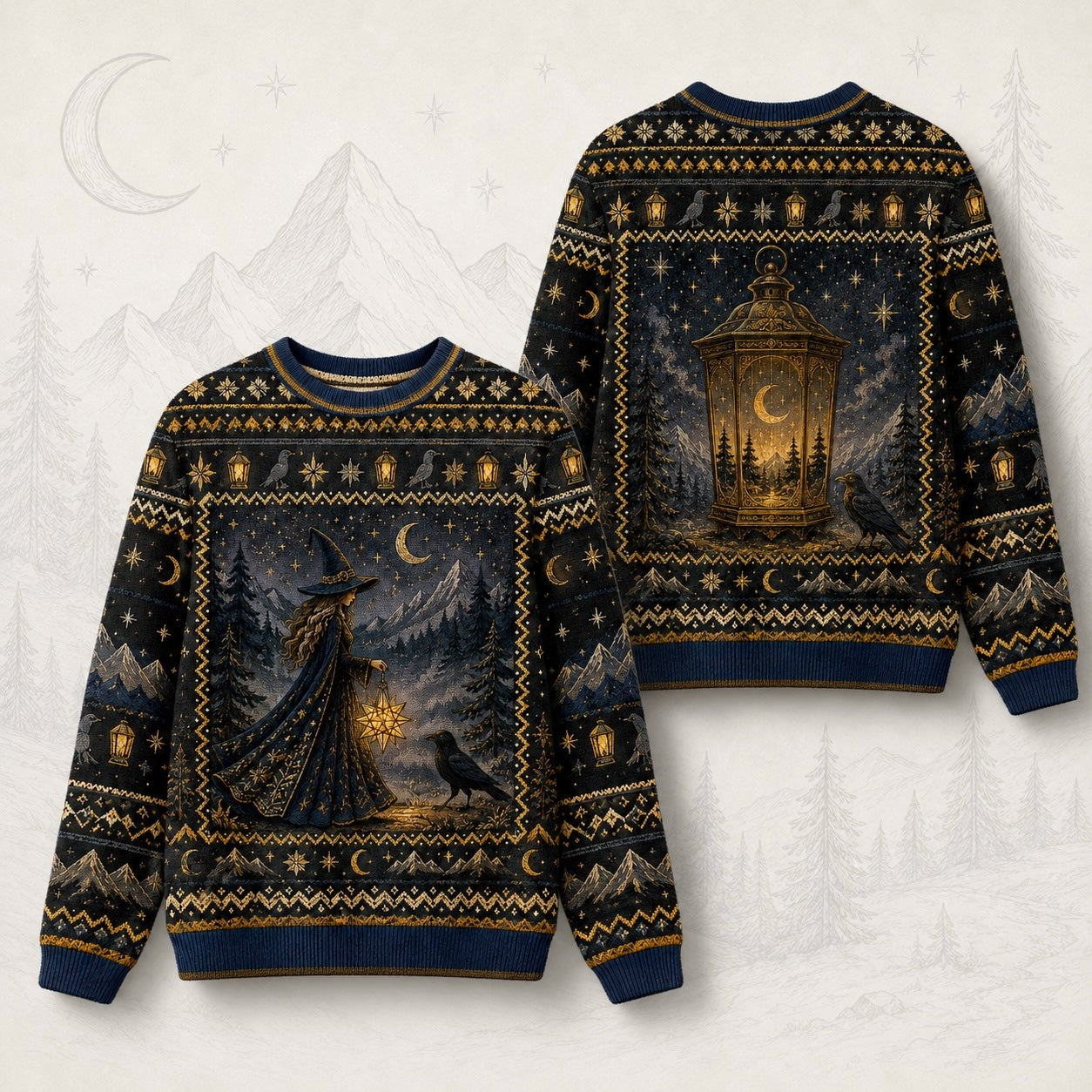 Lantern Witch Sweater Snowy Forest Crescent Navy Winter Knit front and back together