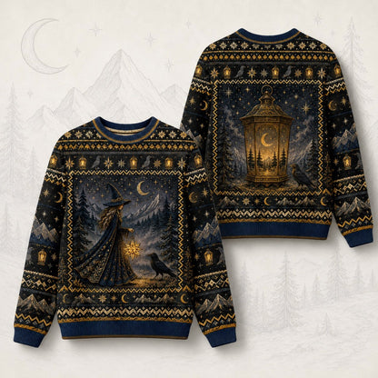 Lantern Witch Sweater Snowy Forest Crescent Navy Winter Knit front and back together