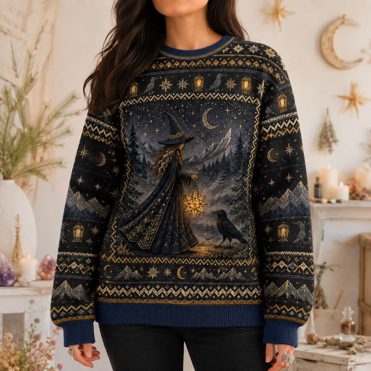 Lantern Witch Sweater Snowy Forest Crescent Navy Winter Knit worn, front view