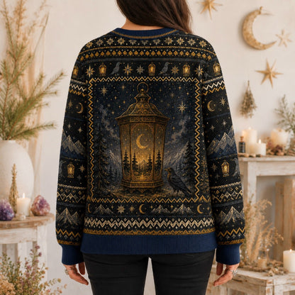 Lantern Witch Sweater Snowy Forest Crescent Navy Winter Knit worn, back view