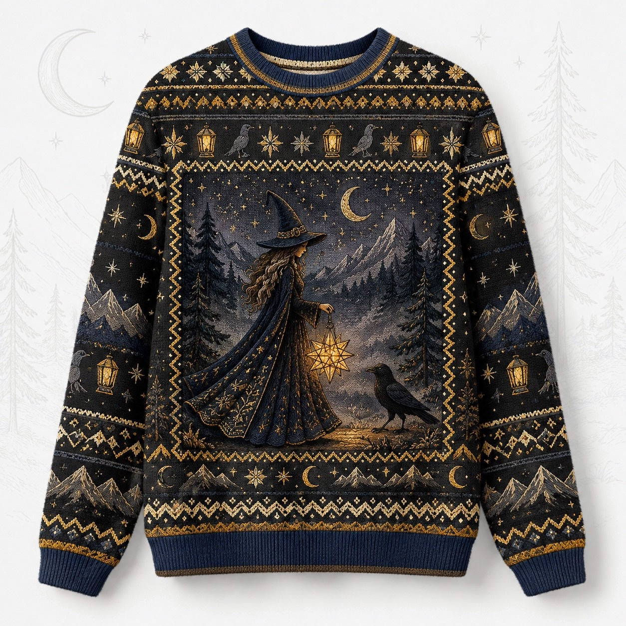 Lantern Witch Sweater Snowy Forest Crescent Navy Winter Knit front view