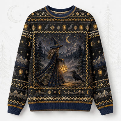 Lantern Witch Sweater Snowy Forest Crescent Navy Winter Knit front view