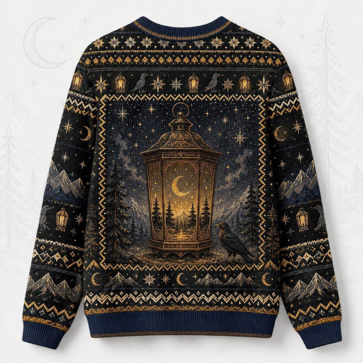 Lantern Witch Sweater Snowy Forest Crescent Navy Winter Knit back view