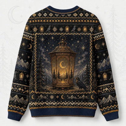 Lantern Witch Sweater Snowy Forest Crescent Navy Winter Knit back view