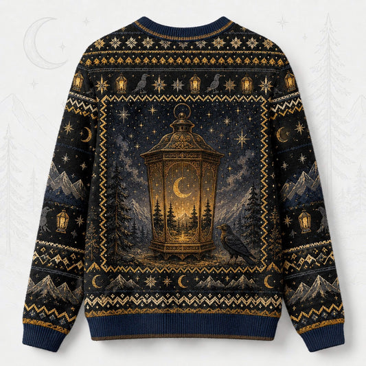 Lantern Witch Sweater Snowy Forest Crescent Navy Winter Knit back view