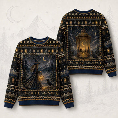 Lantern Witch Sweater Snowy Forest Crescent Navy Winter Knit front and back together