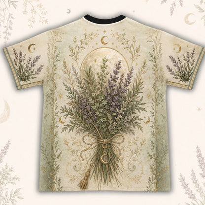 Lavender Cottage Witch T-Shirt Herb Bouquet Green Sage Tee back view