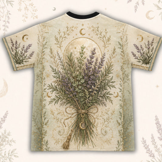 Lavender Cottage Witch T-Shirt Herb Bouquet Green Sage Tee back view