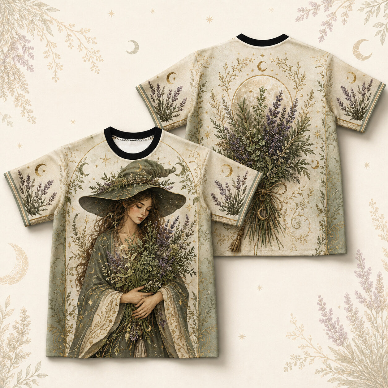 Lavender Cottage Witch T-Shirt Herb Bouquet Green Sage Tee front and back together