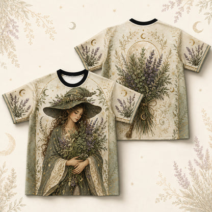 Lavender Cottage Witch T-Shirt Herb Bouquet Green Sage Tee front and back together
