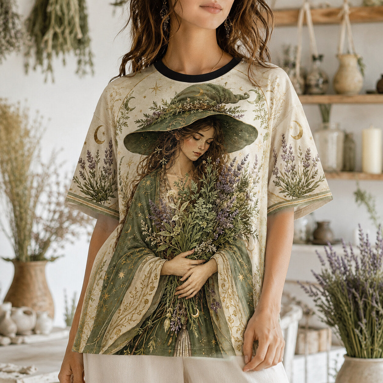 Lavender Cottage Witch T-Shirt Herb Bouquet Green Sage Tee worn, front view