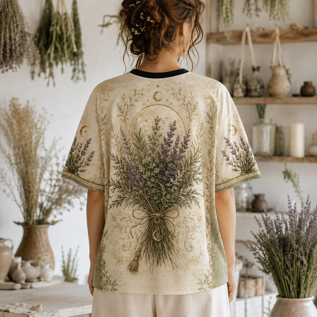 Lavender Cottage Witch T-Shirt Herb Bouquet Green Sage Tee worn, back view