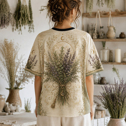 Lavender Cottage Witch T-Shirt Herb Bouquet Green Sage Tee worn, back view