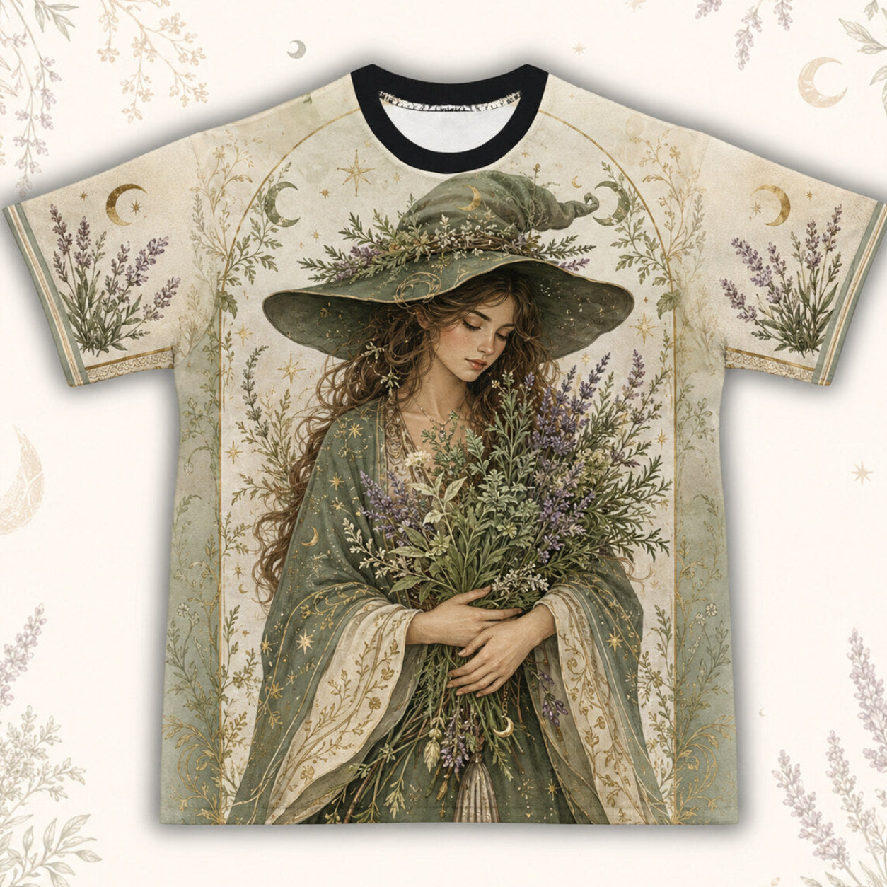 Lavender Cottage Witch T-Shirt Herb Bouquet Green Sage Tee front view