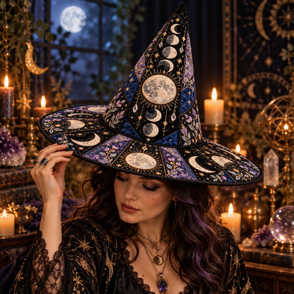 Lavender Moon Quilted Witch Hat – Moon Phase Floral Wiccan Brim Hat – worn by a model