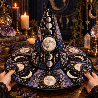 Lavender Moon Quilted Witch Hat – Moon Phase Floral Wiccan Brim Hat – held in both hands