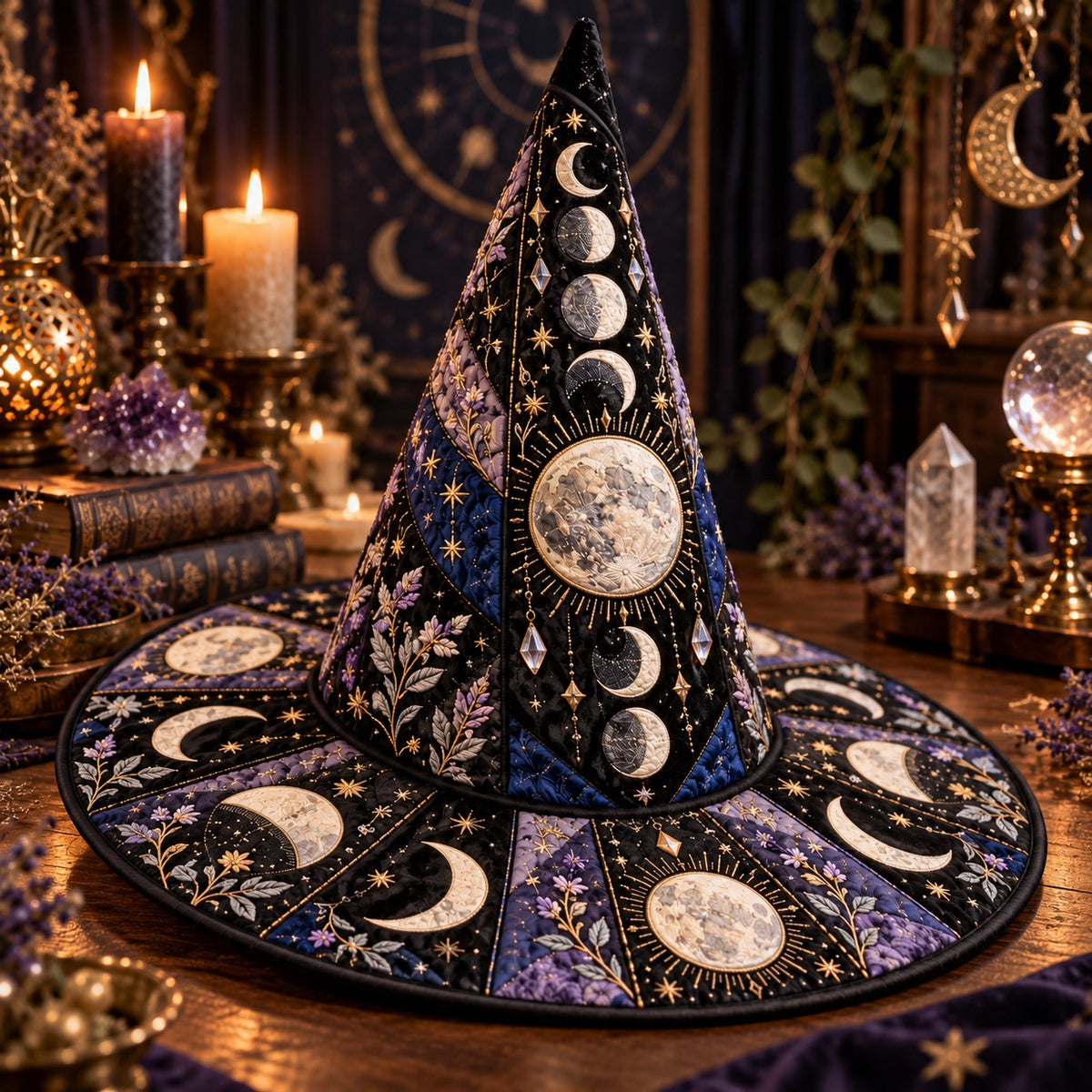 Lavender Moon Quilted Witch Hat – Moon Phase Floral Wiccan Brim Hat – styled with candles and crystals