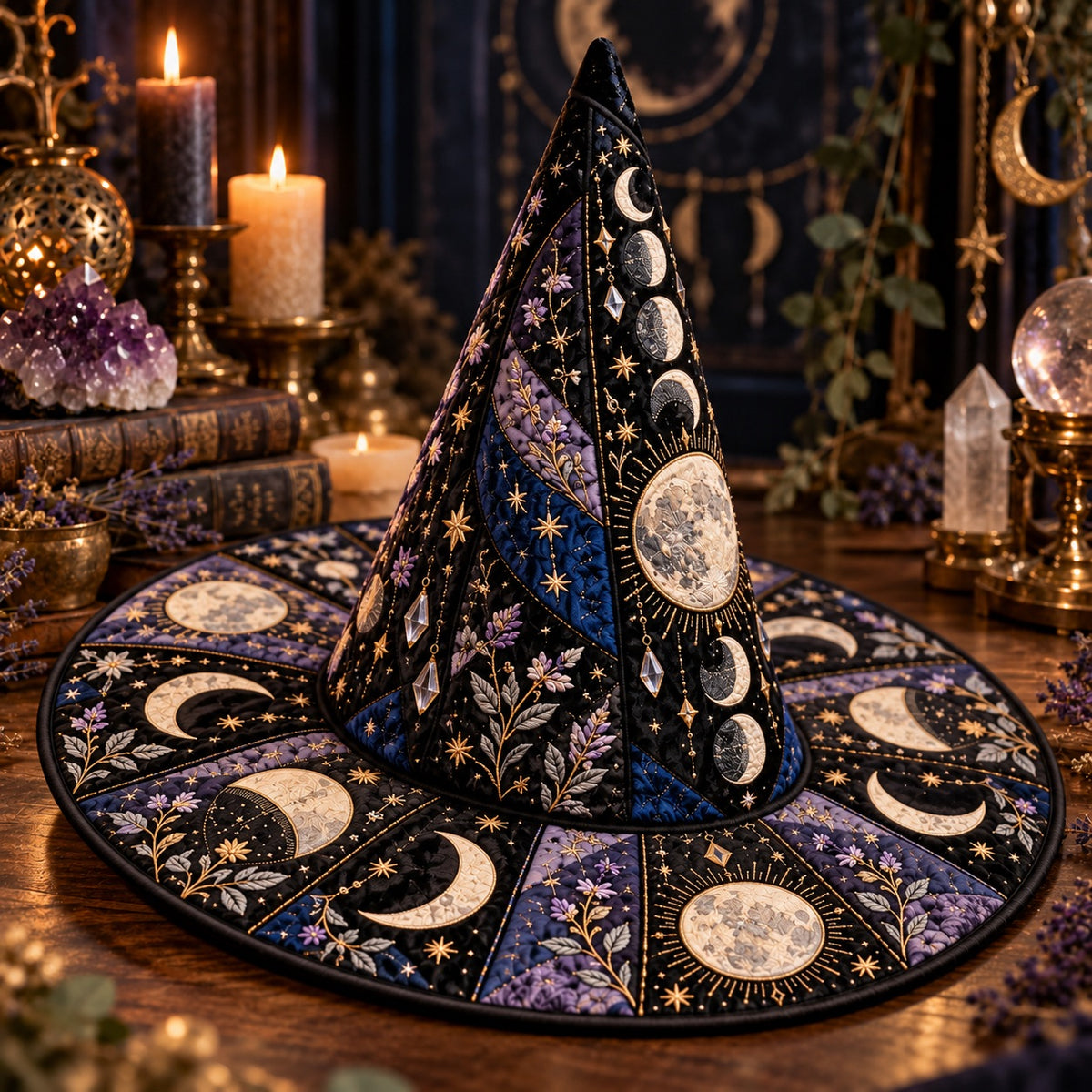 Lavender Moon Quilted Witch Hat – Moon Phase Floral Wiccan Brim Hat – styled with candles and crystals