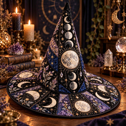 Lavender Moon Quilted Witch Hat – Moon Phase Floral Wiccan Brim Hat – styled with candles and crystals