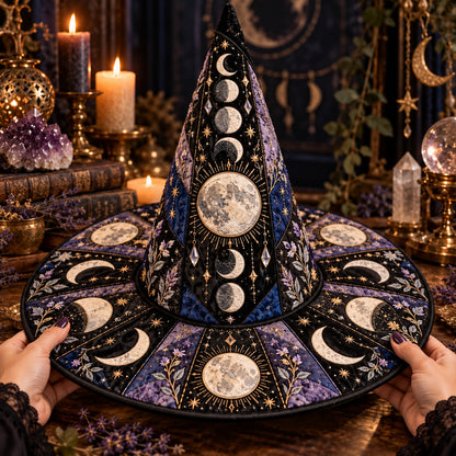 Lavender Moon Quilted Witch Hat – Moon Phase Floral Wiccan Brim Hat – held in both hands