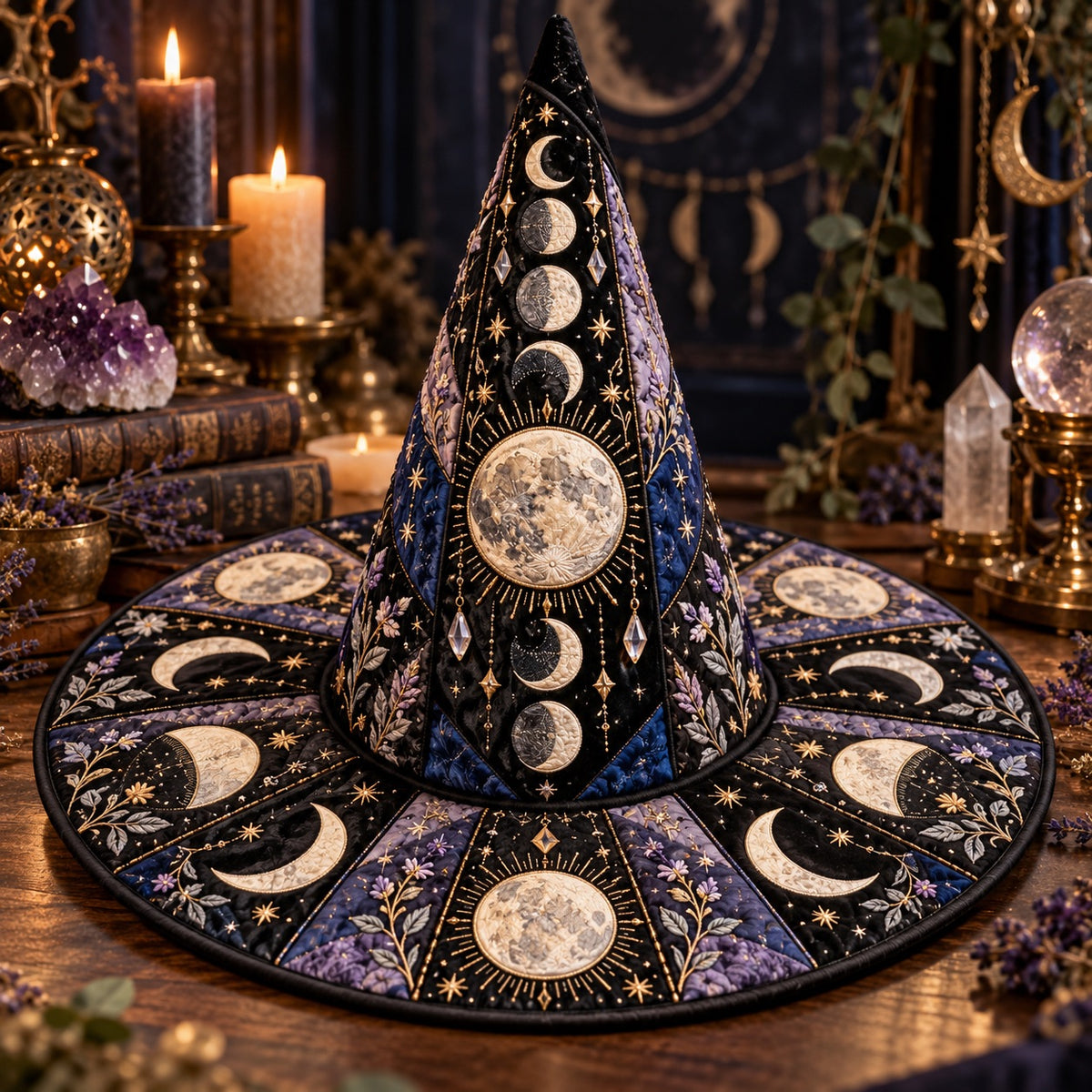 Lavender Moon Quilted Witch Hat – Moon Phase Floral Wiccan Brim Hat – styled with candles and crystals