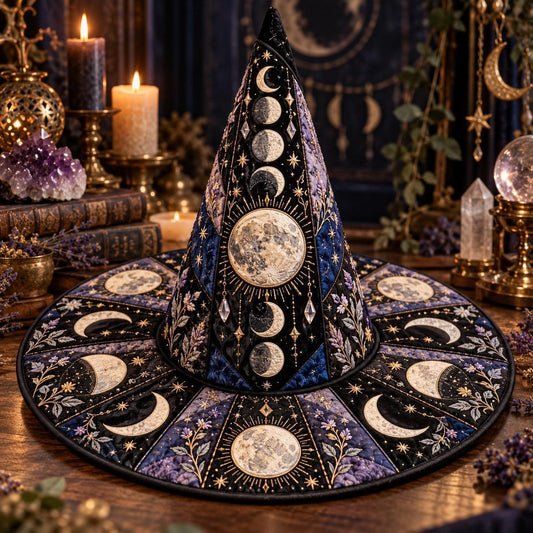 Lavender Moon Quilted Witch Hat – Moon Phase Floral Wiccan Brim Hat – styled with candles and crystals