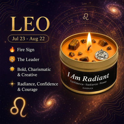 Leo Zodiac Candle, Jul 23 to Aug 22, with galaxy background - Fire Sign, The Leader, Bold Charismatic and Creative, Radiance Confidence and Courage