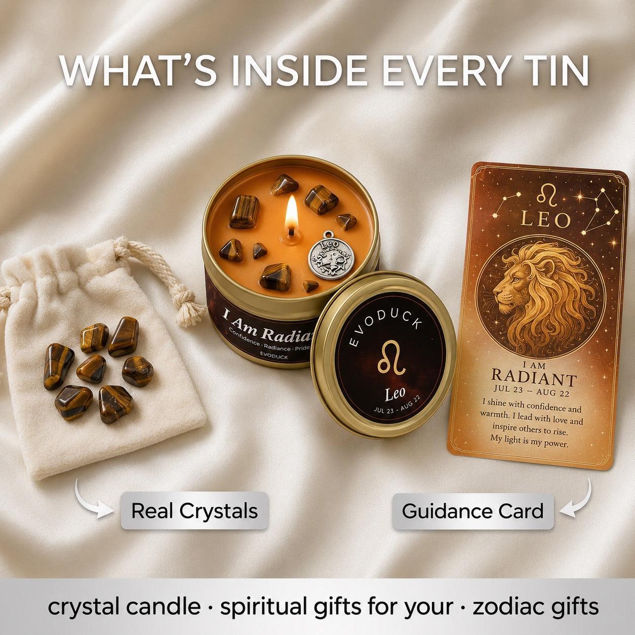 What's Inside Every Tin - Leo Candle with real tiger eye crystals in a pouch and Leo guidance card