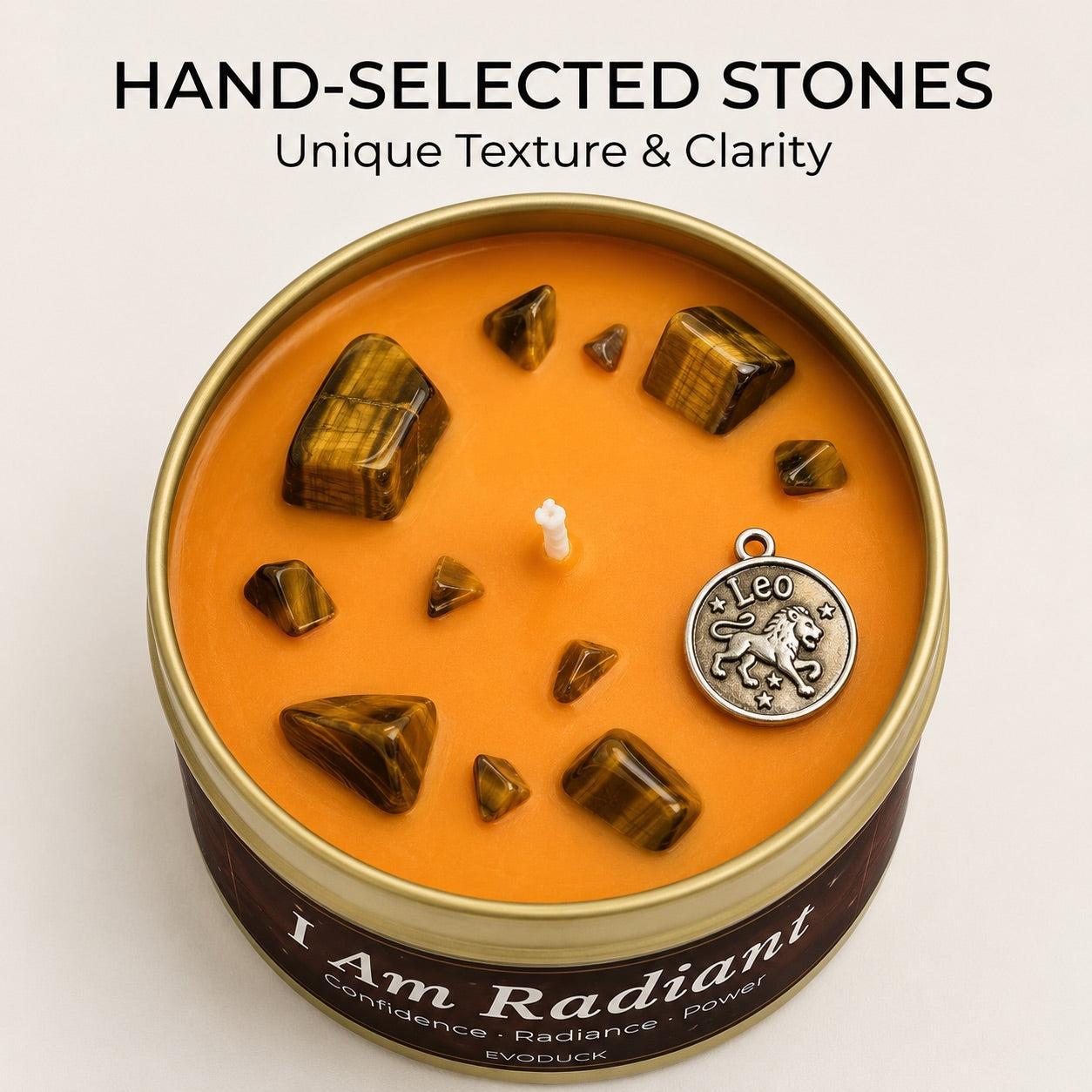 Close-up of Leo Candle orange wax with tiger eye crystal chunks and a Leo lion charm - Hand-Selected Stones, Unique Texture and Clarity