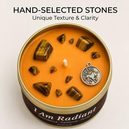 Close-up of Leo Candle orange wax with tiger eye crystal chunks and a Leo lion charm - Hand-Selected Stones, Unique Texture and Clarity