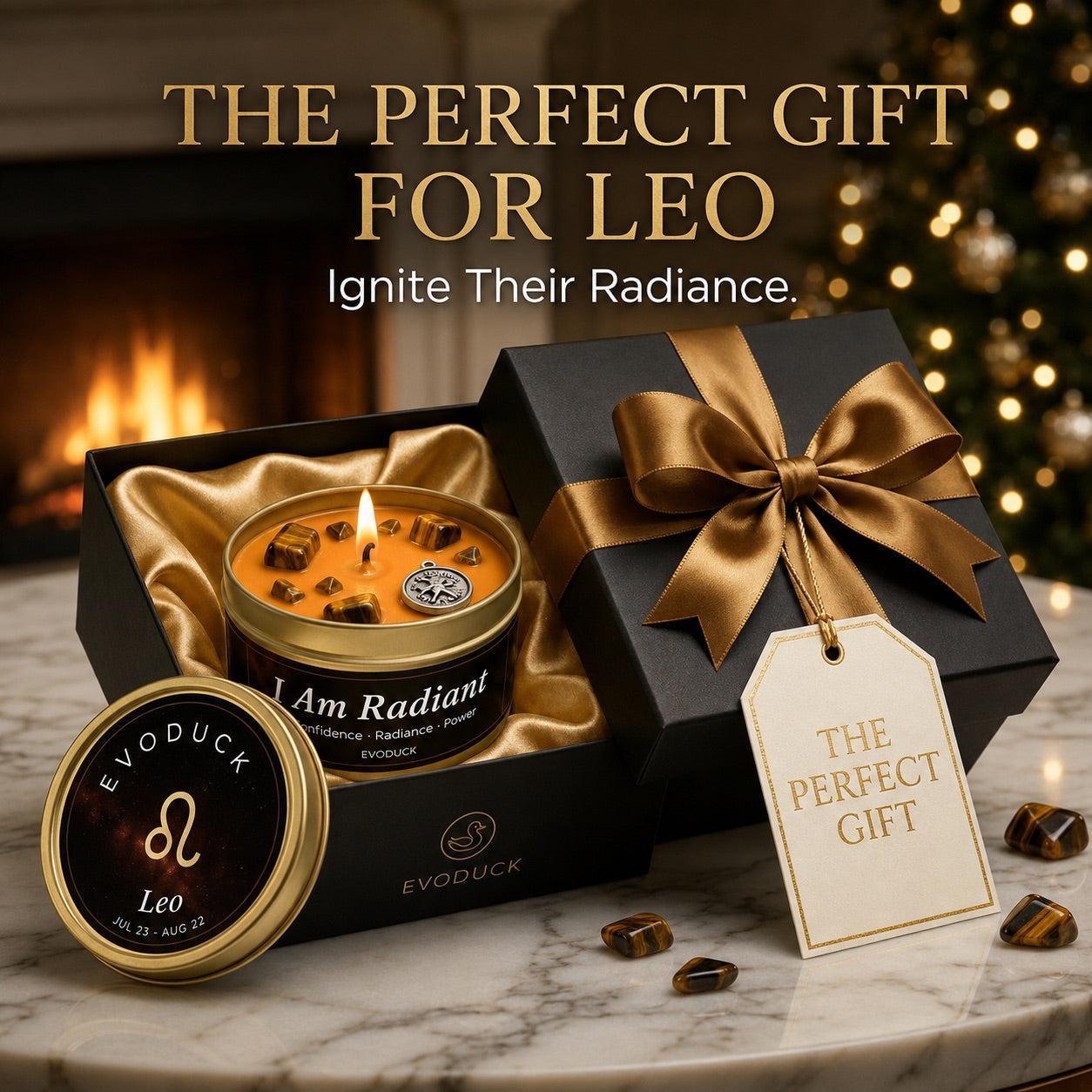 Leo Candle gift box with gold ribbon and gift tag by a fireplace - The Perfect Gift for Leo, Ignite Their Radiance