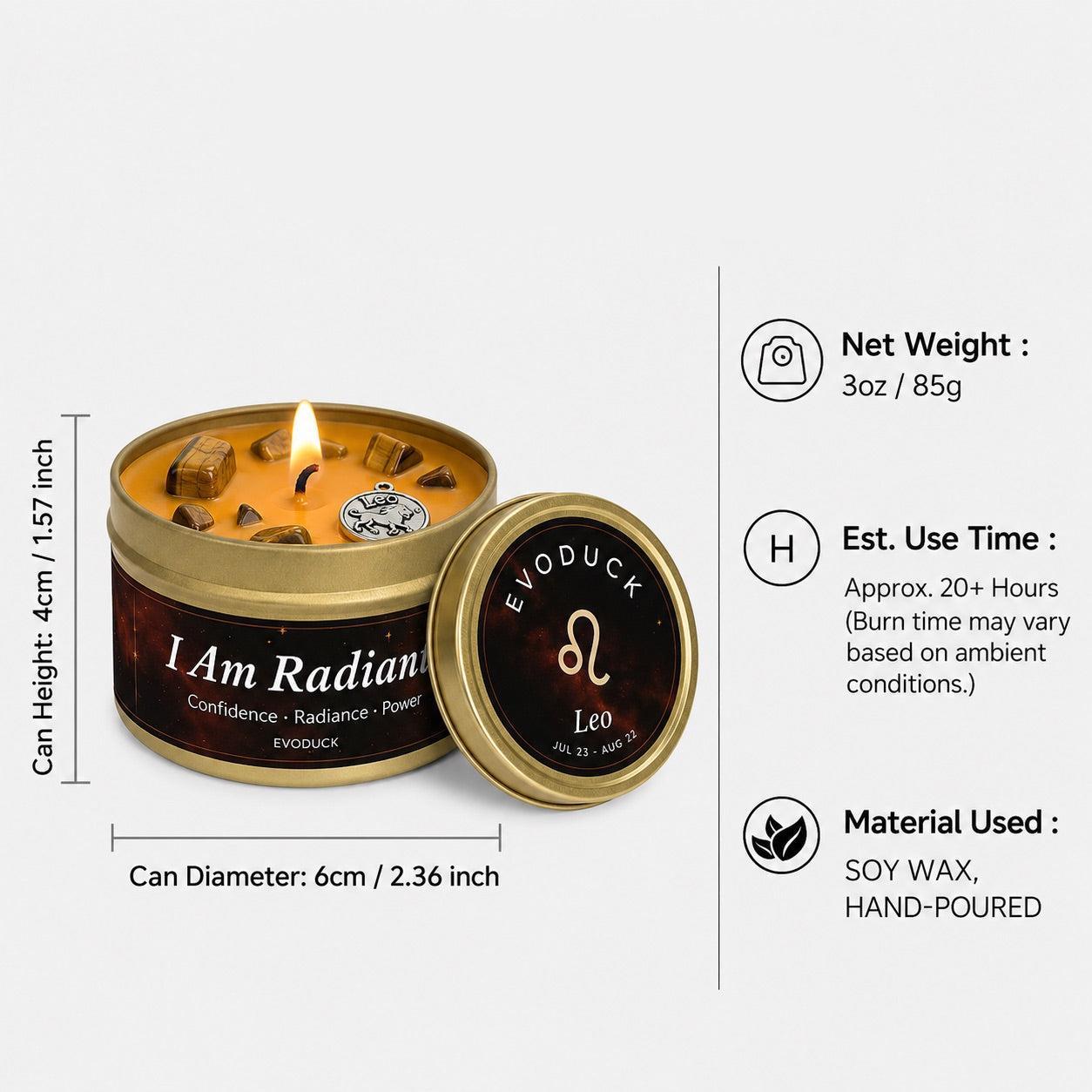 Leo Candle size specifications infographic - 3oz soy wax candle, 20 hour burn time, hand-poured