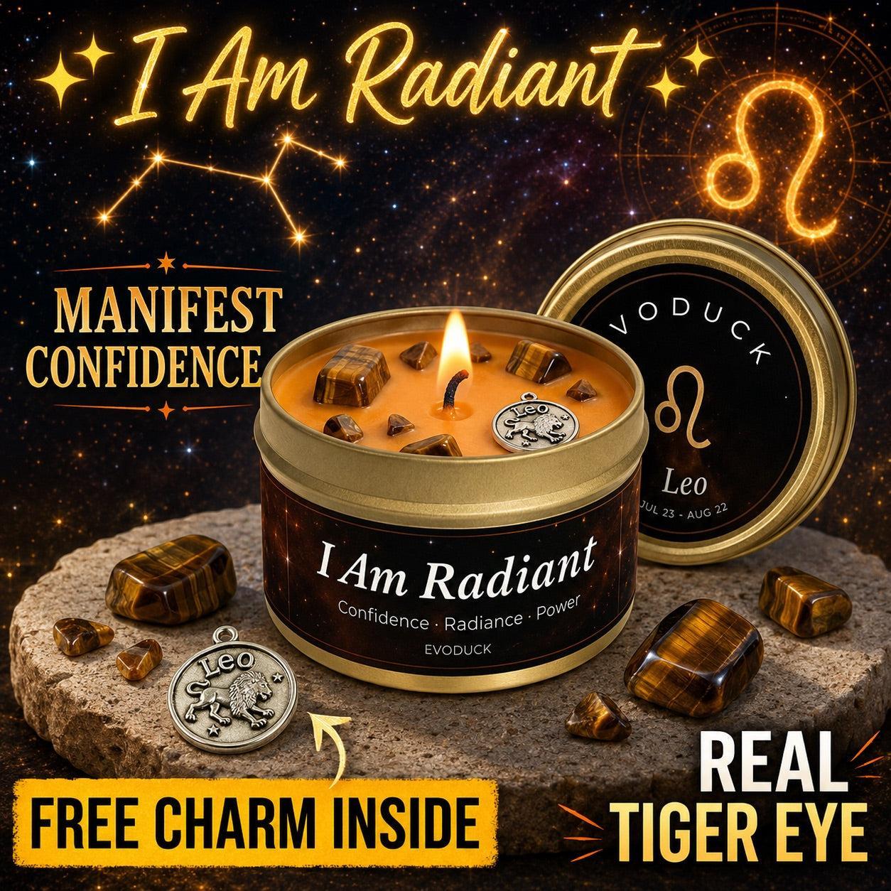 Leo Zodiac Candle I Am Radiant with tiger eye crystals and Leo zodiac charm - Manifest Confidence, Real Tiger Eye, Free Charm Inside
