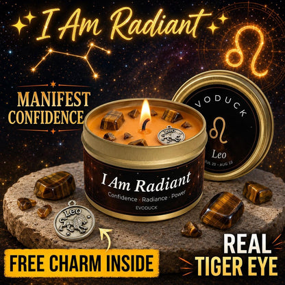 Leo Zodiac Candle I Am Radiant with tiger eye crystals and Leo zodiac charm - Manifest Confidence, Real Tiger Eye, Free Charm Inside
