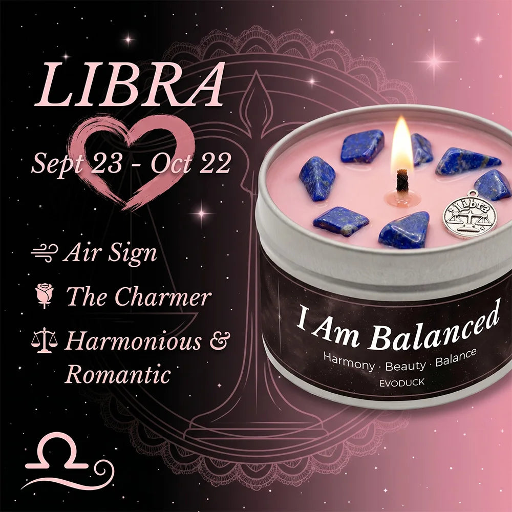 Libra Zodiac Candle, Sept 23 to Oct 22, with lapis lazuli crystals in wax - Air Sign, The Charmer, Harmonious and Romantic
