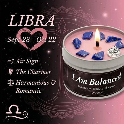 Libra Zodiac Candle, Sept 23 to Oct 22, with lapis lazuli crystals in wax - Air Sign, The Charmer, Harmonious and Romantic