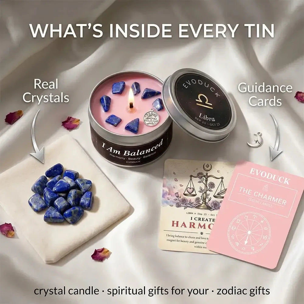 What's Inside Every Tin - Libra Candle with real lapis lazuli crystals and I Create Harmony, The Charmer guidance cards