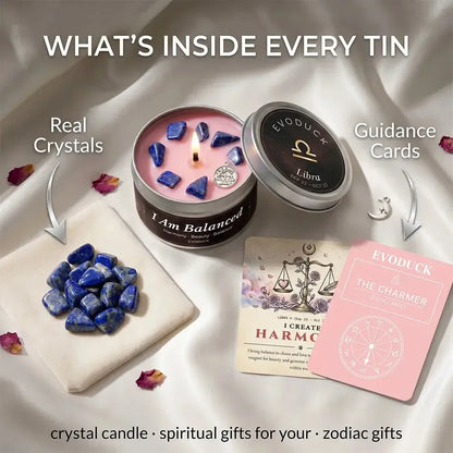 What's Inside Every Tin - Libra Candle with real lapis lazuli crystals and I Create Harmony, The Charmer guidance cards