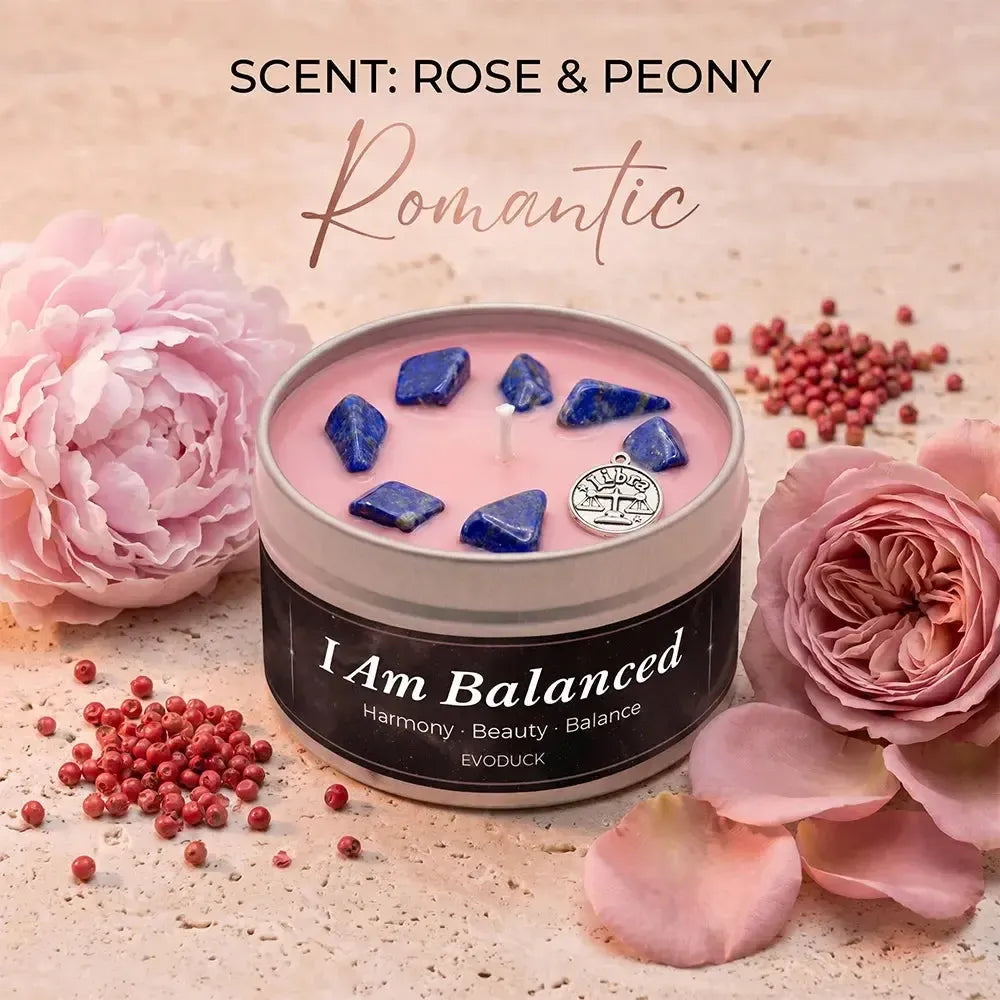 Libra Candle I Am Balanced with pink peony flowers, rose petals and pink peppercorns - Scent Rose and Peony, Romantic