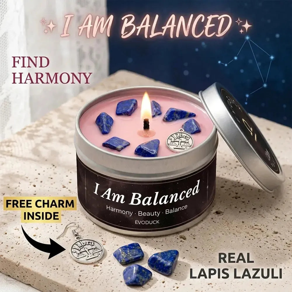 Libra Candle I Am Balanced with lapis lazuli crystal chunks and Libra charm - Find Harmony, Real Lapis Lazuli, Free Charm Inside