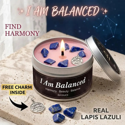 Libra Candle I Am Balanced with lapis lazuli crystal chunks and Libra charm - Find Harmony, Real Lapis Lazuli, Free Charm Inside