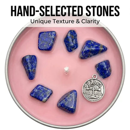 Close-up of Libra Candle pink wax with lapis lazuli crystal chunks and a Libra scales charm - Hand-Selected Stones, Unique Texture and Clarity