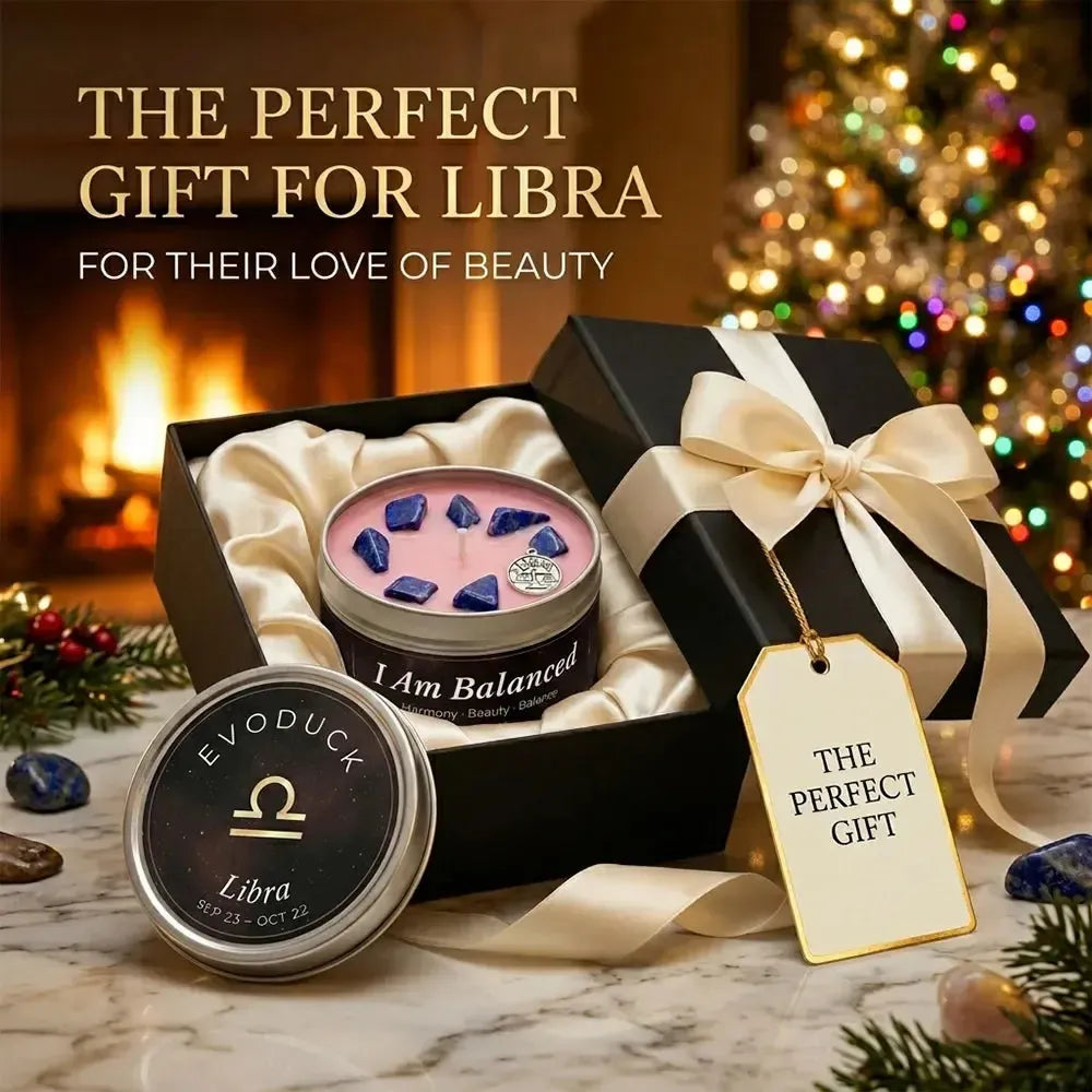 Libra Candle gift box with cream ribbon and gift tag by a fireplace - The Perfect Gift for Libra, For Their Love of Beauty